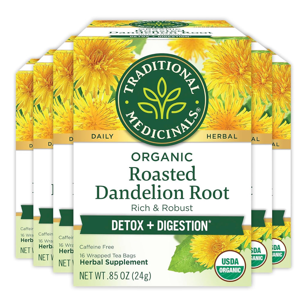 Traditional Medicinals Organic Roasted Dandelion Root Herbal Tea, 16 Tea Bags, Case of 6