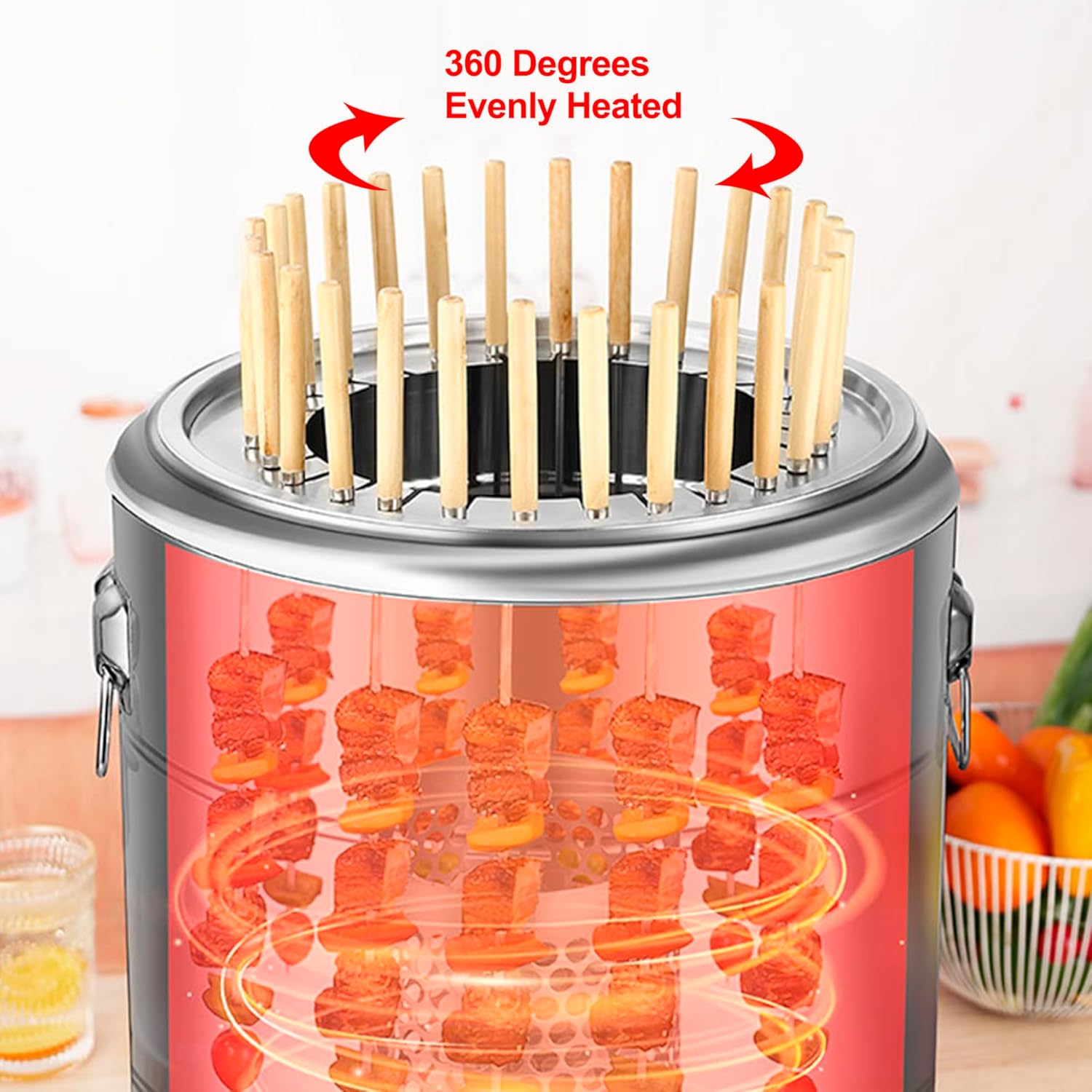 Stainless Steel Smokeless Barbecue Surround Charcoal Grill, Portable kebabs Charcoal Grill with Grilling Accessories Set, Diameter 15.4 inch/28 Kabob Skewer