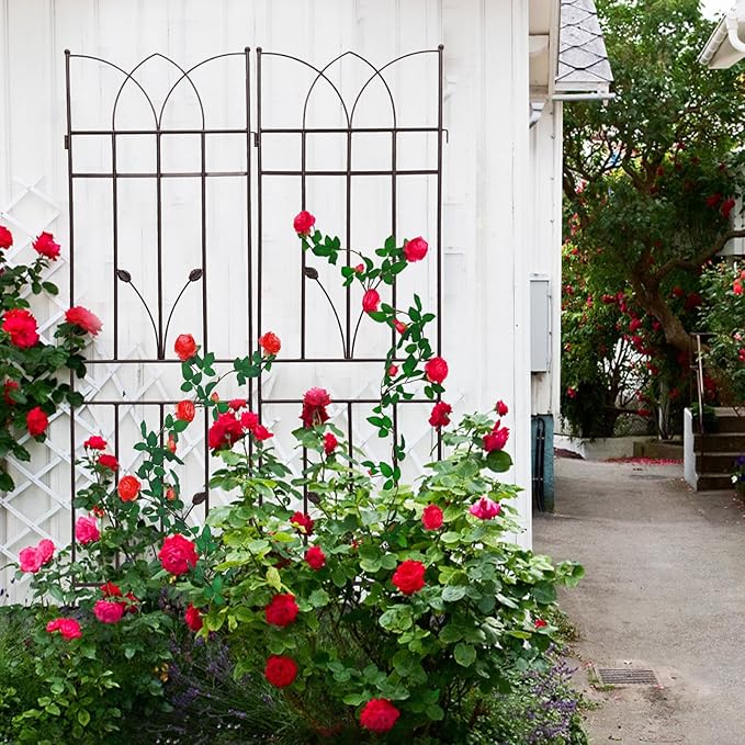 2 Pack Metal Garden Trellis 71" Fence Rustproof Garden Trellis for Climbing Plants Support Roses Flower Outdoor Lawn, Brown 6FT