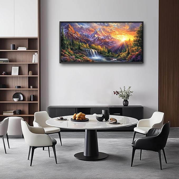 Large Mountain Tree Wall Art for Living Room, Framed Oversized Sunset Waterfall Wall Decor Nature Landscape Canvas Painting Modern Artwork for Living Room Bathroom Bedroom Office Dining Room 60"x30"
