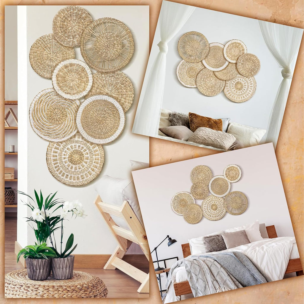Xuhal Set of 8 Hanging Woven Wall Basket Handmade Decorative Rustic Boho Basket Decor Handcrafted Wicker Round Seagrass Wall Art for Home Kitchen Farmhouse Table Living Room