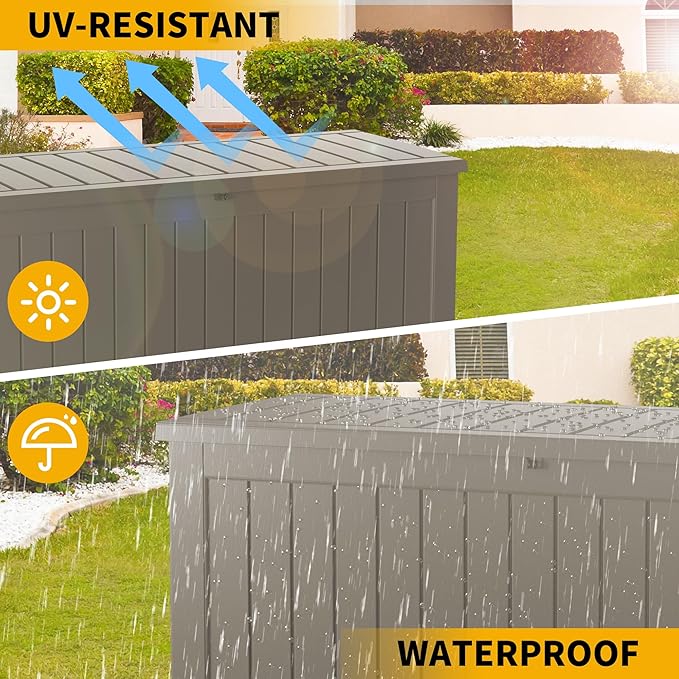 100 Gallon Outdoor Storage Box Waterproof Lockable Resin Deck Box Large, Patio Storage Bin for Pool Accessories Cushion Furniture, Garden Tools, UV-Resistant Outside Delivery Grey