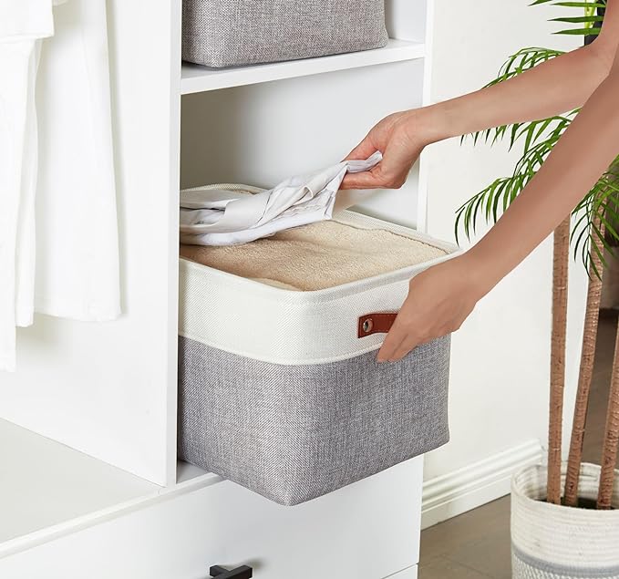 DECOMOMO Storage Baskets for Shelves - Fabric Closet Organizers and Storage Bins, Perfect Baskets for Organizing Closet Toys Nursery (Grey and White, Large - 4 Pack)