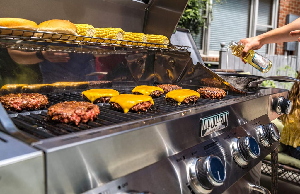 Monument Grills Larger 4+2 Burner Propane Gas Grills Stainless Steel Cabinet Style with Side & Side Sear Burners, Built-In Thermometer, and Knob Controls