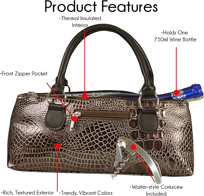 Wine Clutch Bag (Thermal Insulated) Trendy Women’s Carry Tote | Holds Red & White 750mL Bottles | Trendy Fashion | Incl. Portable Waiter-Style Corkscrew