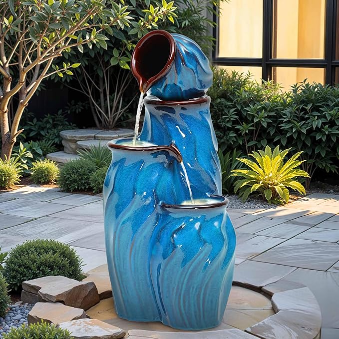 29" Tall Ceramic Outdoor Water Fountain with LED Lights, 4-Tier Cascading Jars Water Feature, Tranquil Waterfall for Relaxing Garden, Patio, Yard, or Porch, Turquoise, Dynamic Wave-Texture