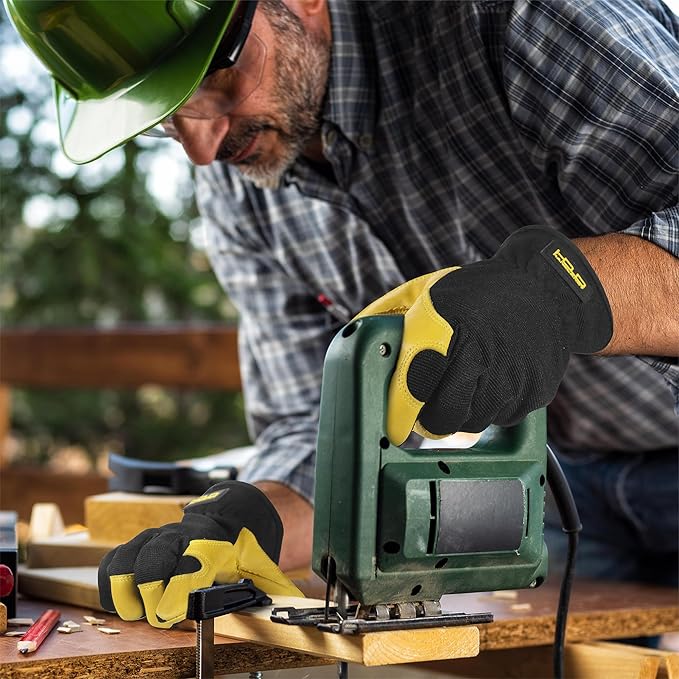 HANDLANDY Leather Work Gloves for Men & Women, Reinforced Durable Garden Gloves, Cowhide Working Glove for Gardening