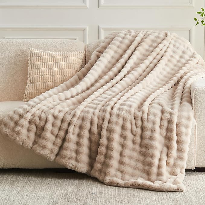 NEWCOSPLAY Faux Fur Throw Blanket Linen Bubble Blanket Thick Warm Soft for Couch Sofa Bed 550GSM (Linen, Throw(50"x60"))