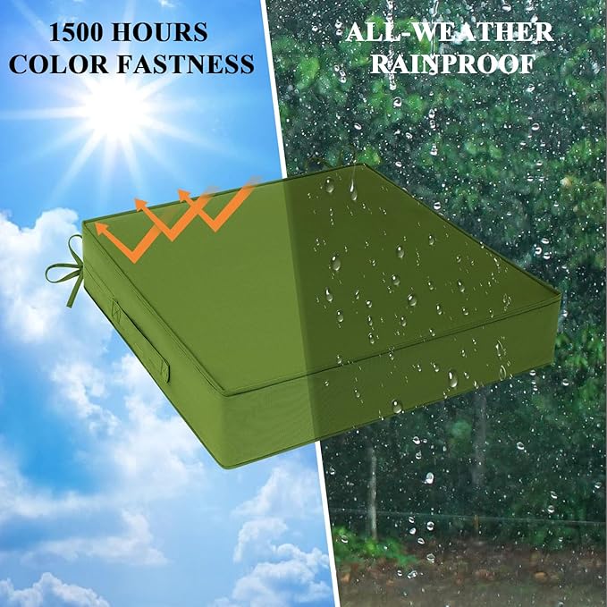 Outdoor Chair Cushions Set of 2 for Patio Furniture 24x24x4 Inch Waterproof Patio Chair Cushion 3 Year Color Fastness Square Elastic Foam Garden Couch Pads with Ties and Handle,Green