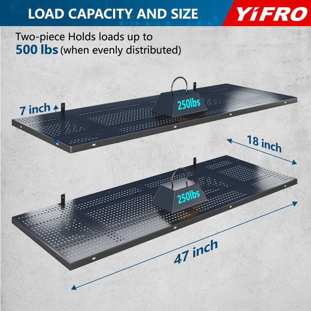 2-Pack 1.5x4ft Heavy Duty Garage Wall Shelving, 500 lbs Load Capacity, Garage Shelving Wall Mounted, Garage Storage Rack with Hooks, Black