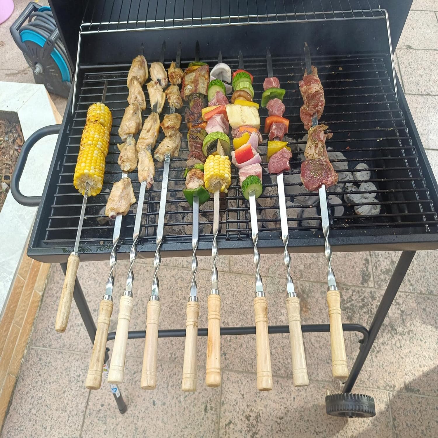 Large Size Kabob Skewers Flat Metal BBQ 22" Barbecue Skewer Wooden Handle Stainless Steel Shish Kabob Stick Wide Reusable Grilling Set Meat Shrimp Chicken Vegetable Kebab Fork Sausage-12PCS