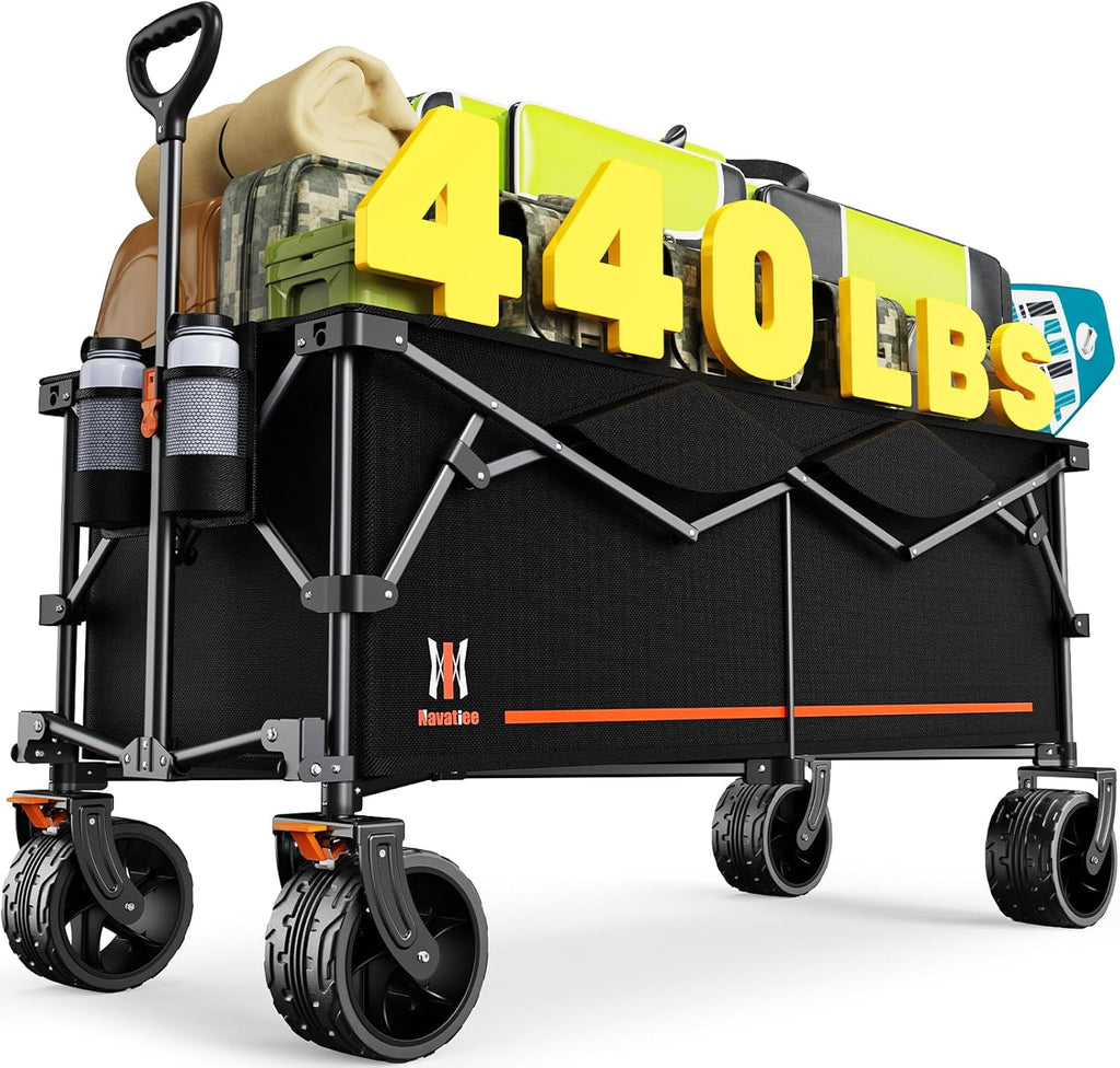 Navatiee 300L Extra Large Collapsible Wagon Cart Foldable, 48''L Extended Heavy Duty Folding Beach Wagon with 440LBS Weight Capacity and Big Wheels, Utility Garden Cart for Sports Camping