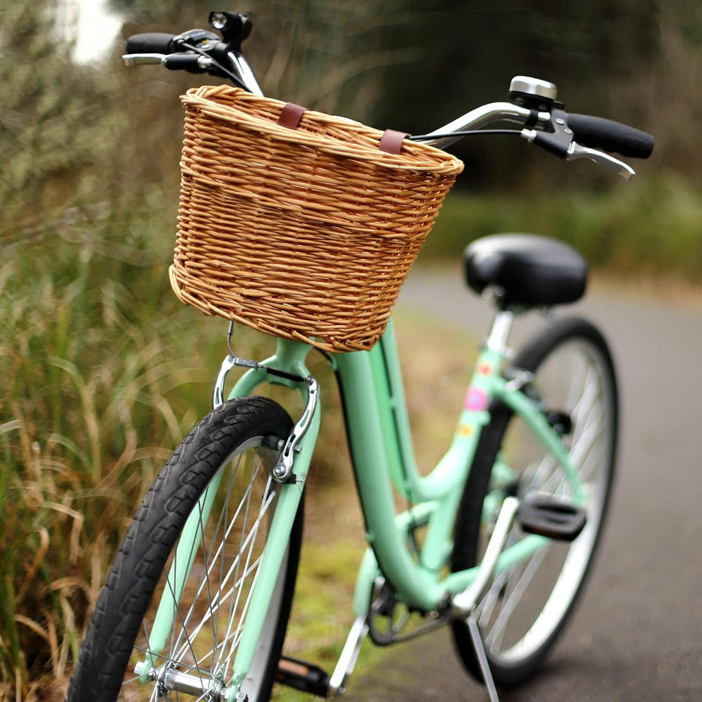 ProSource Wicker Bike Basket Front Cargo for Women and Men, Fits Most Bikes, Beach Cruiser, Stationary Bike, Ebike, Road Bike, Light Brown