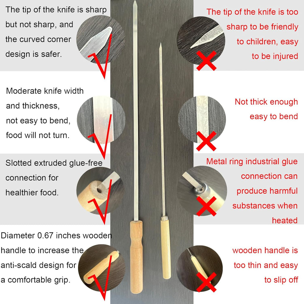 10 Pcs Kabob Skewers, 16IN Metal Skewers for Grilling, Premium Stainless Steel Flat Kebabs, with Wooden Handles Insulated Reusable BBQ Set