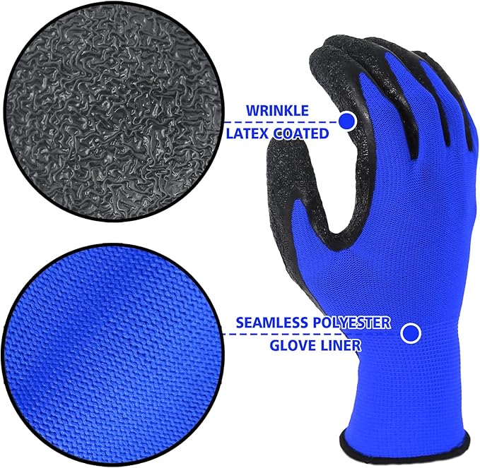 Evridwear Crinkle Latex Rubber Hand Coated Safety Work Gloves for Men Women General Multi Use Construction Warehouse Gardening Assembly Landscaping (M-Size) Blue 120 Pairs Pack