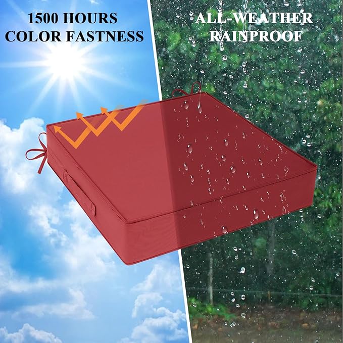 Outdoor Chair Cushions Set of 2 for Patio Furniture 24x24x4 Inch Waterproof Patio Chair Cushion 3 Year Color Fastness Square Elastic Foam Garden Couch Pads with Ties and Handle,Red