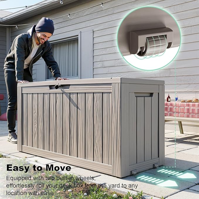 75 Gallon Resin Deck Box, Lockable Outdoor Storage Box for Patio Cushions Storage Furniture,Garden Tools, Pool Supplies, Weatherproof and UV Resistant (Grey)