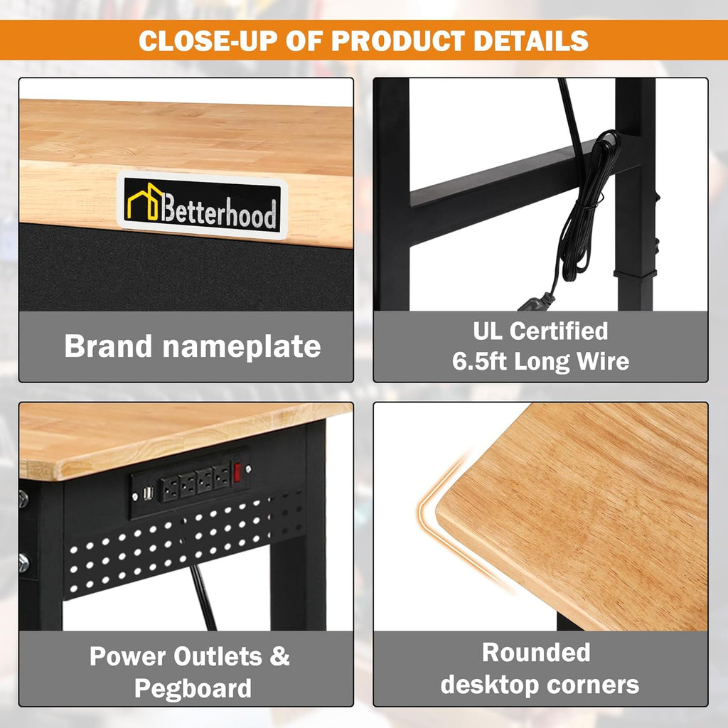 70" Adjustable Workbench on Wheels, 2000 LBS Heavy Duty Work Table with Power Outlets & Pegboard, Rubber Wood Workstation for Garage, Workshop, Office, Home, Commercial