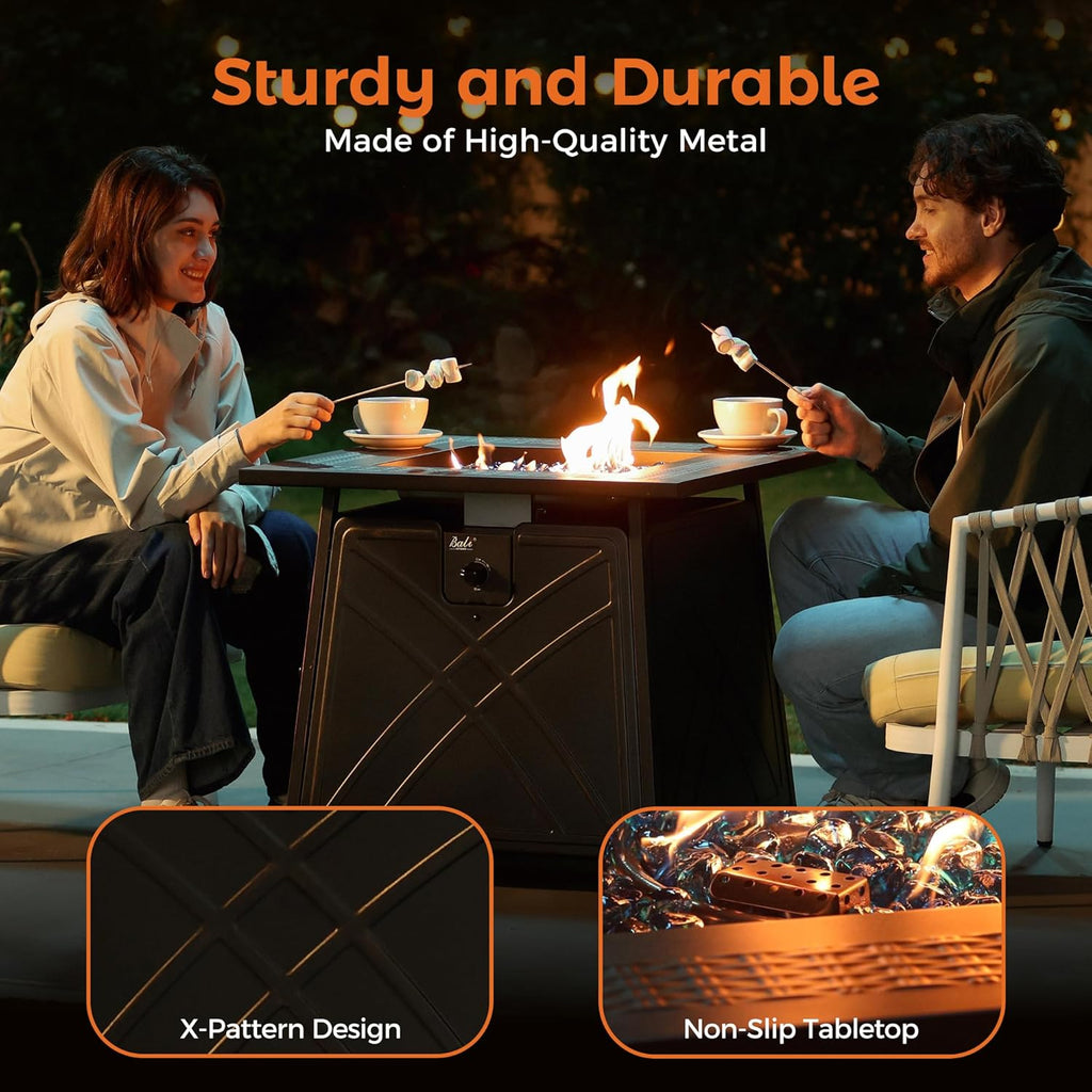 BALI OUTDOORS Gas FirePit Table, 28 inch 50,000 BTU Square Outdoor Propane Fire Pit Table with Lid and Blue Fire Glass