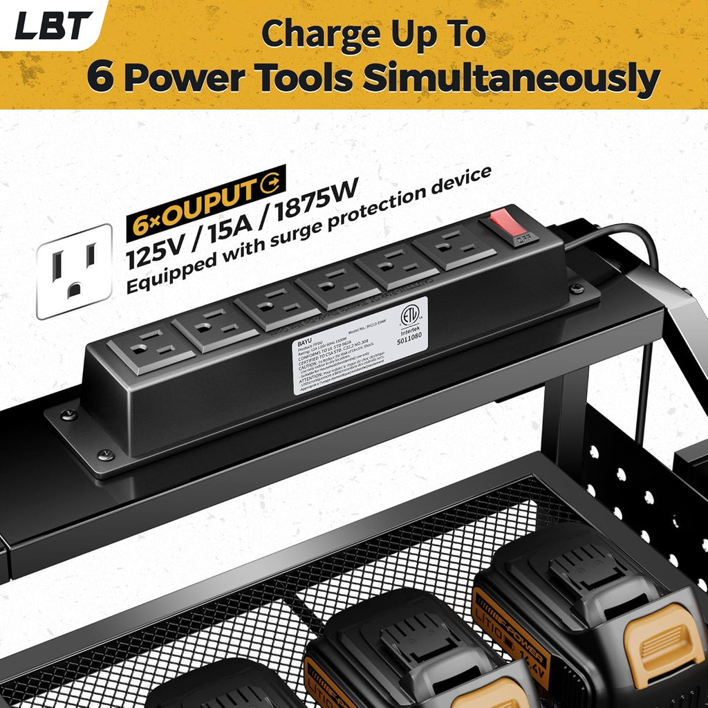 LBT Large Power Tool Organizer Wall Mount with Charging Station, 8 Drill Holder, 4 Layer Heavy Duty Metal Tool Storage Rack, 6 Power Strip, 8 Hooks, 2 Screw Boxes, Cool Gifts for Him Fathers Day