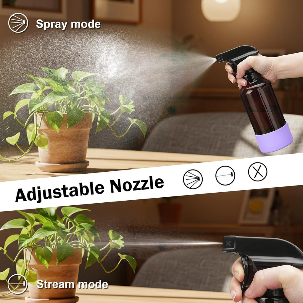 Glass Spray Bottles with Silicone Sleeve 16.9oz 2 Pack Empty Spray Bottle for Hair Mist/Stream Spraying for Cleaning Solutions, Plants, Essential Oils (Brown-qblue&purple)