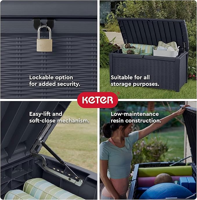 Keter Outdoor Storage Deck Box for Patio, Backyard & Garden, Borneo, 110 Gal, Grey - Lockable, Organizing, and Waterproof Plastic Container Bench