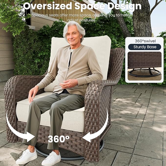 7 Pieces Outdoor Patio Furniture Sets with Rocking Swivel Chairs with 6-inch Thick Cushion and Fire Pit Table for Deck Lawn