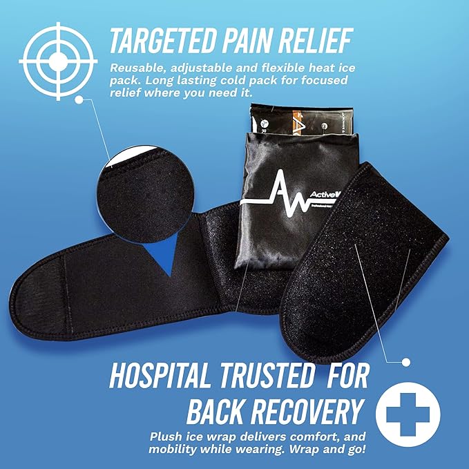 ActiveWrap - Back Ice Pack for Back Pain, Swelling, Sprain, Spasm, Stiffness and More, Reusable Ice Pack for Injuries with Compression Strap, Use for Hot and Cold Therapy, Small/Medium