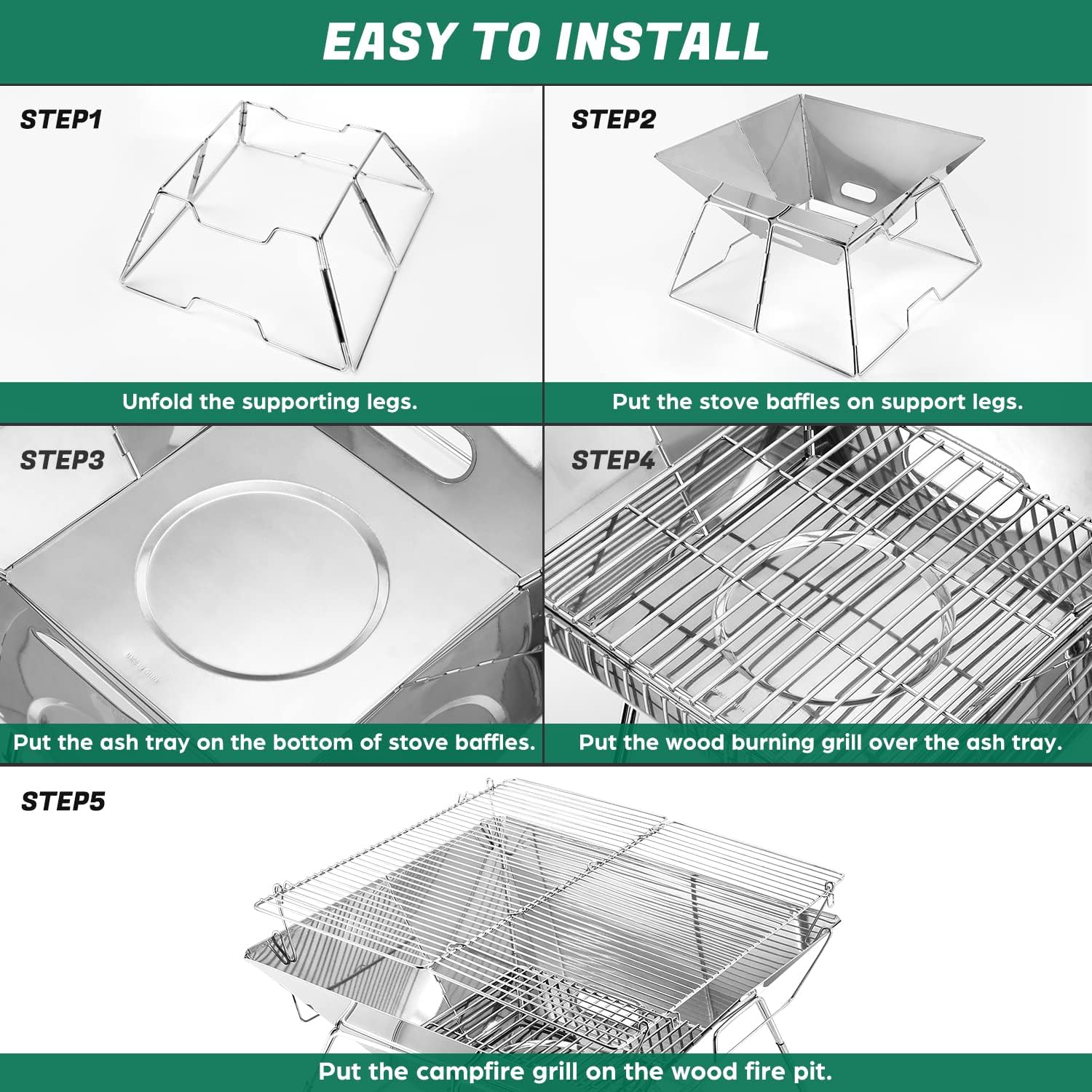Odoland Folding Campfire Grill, 304 Stainless Steel Grate Barbeque Grill, Portable Camping Grill with Legs for Picnics, Backpacking, Outdoor with Carrying Bag and Kitchen Tongs