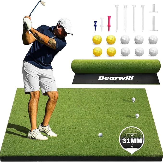 Golf Mat 31mm, 5x4ft/5x5ft Golf Hitting Mats for Practice Outdoor Indoor, High-Elasticity Artificial Turf Mat for Garage Simulator Chipping Driving Training