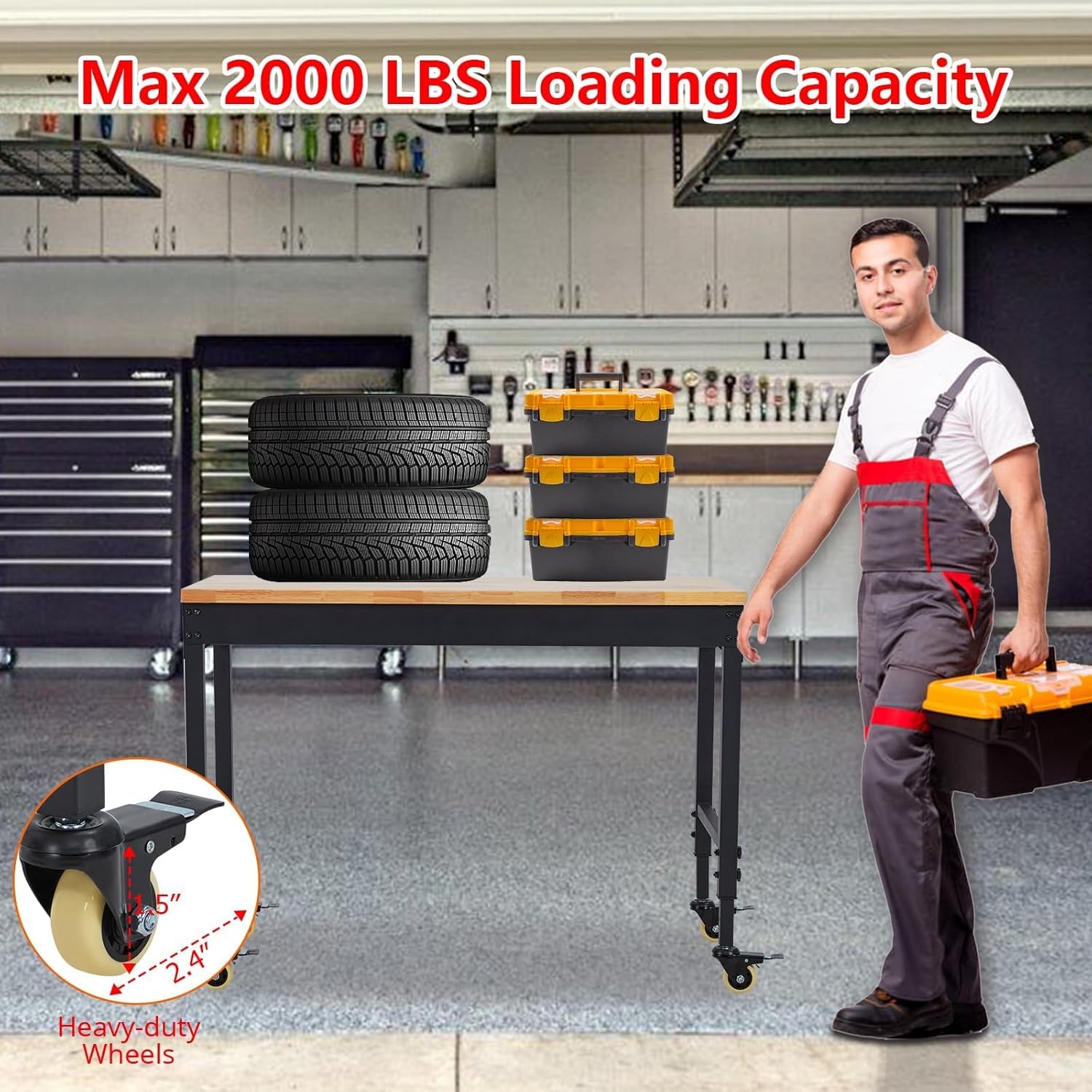 72'' Adjustable Workbench, Heavy Duty Workbench with Power Outlet and Lockable Wheels, 2000 LBS Capacity, Work Table Suitable for Office, Garage, Workshop