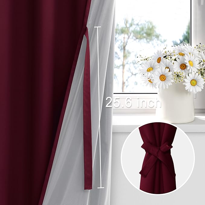 XWZO 100% Blackout Curtains with Tiebacks - Heat and Light Blocking Rod Pocket Window Drapes with Black Liner Backing for Bedroom Sewn with Tiebacks, Burgundy, W52 x L72, Set of 2