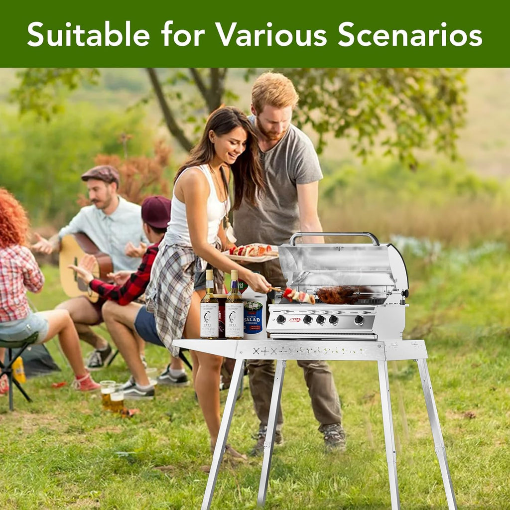 Food Grade 304 Stainless Steel BBQ Grill Table fits Tabletop Griddle, Outdoor Grill Table with 4 Foldable Legs, Portable Grill Stand for RV, Camping, Tailgating