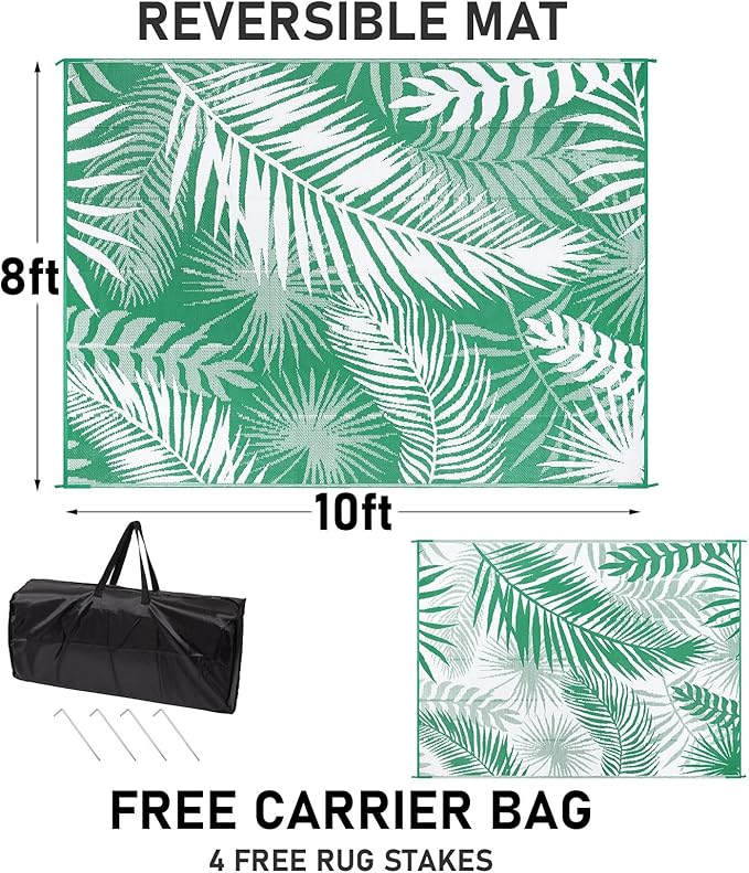 Outdoor Rug 8'x10' Waterproof for Patios Clearance, Reversible Outdoor Plastic Straw Rug Camping Carpet, Outside Floor Mats Large Area Rugs for RV,Patio,Deck,Porch, Beach,Balcony,Green&White
