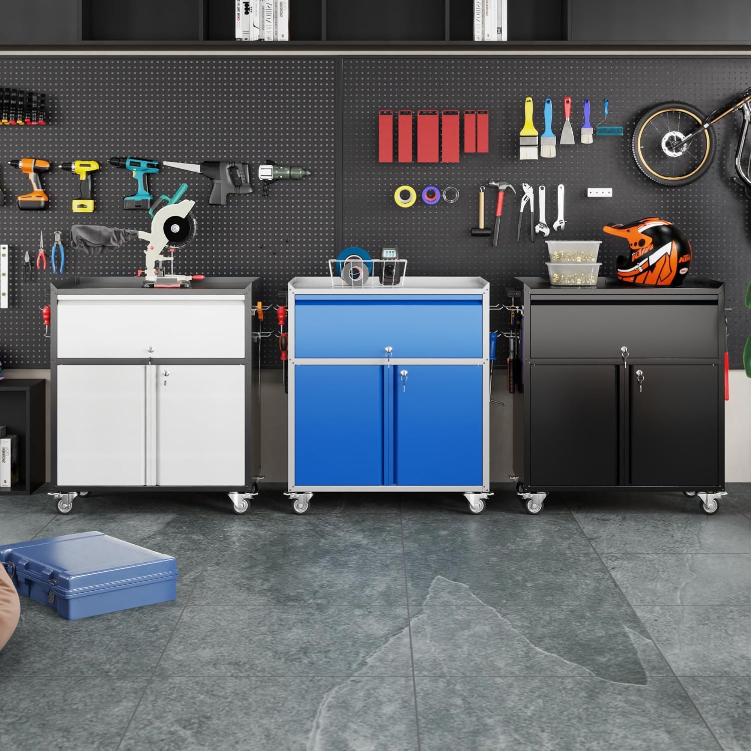 Metal Storage Cabinet on Wheels with 1 Drawer, Rolling Steel Garage Tools Cabinet with Side Pegboard &4 Hooks & 1 Adjustable Shelf for Garage,Shop,Home, Blue/Gray, Assembly Required