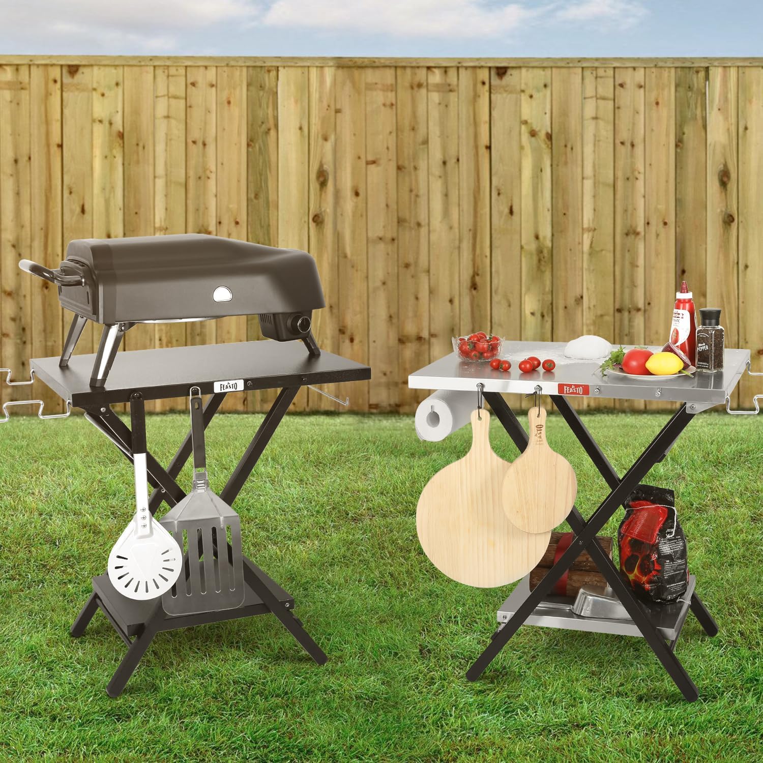 Folding Grill Table with Extra Storage Bottom Shelf, Indoor & Outdoor Prep Table with Garage Rack & Tissue Holder, Pizza Oven Stand for Pizza Oven & Blackstone Griddle, 30" x 24", Black