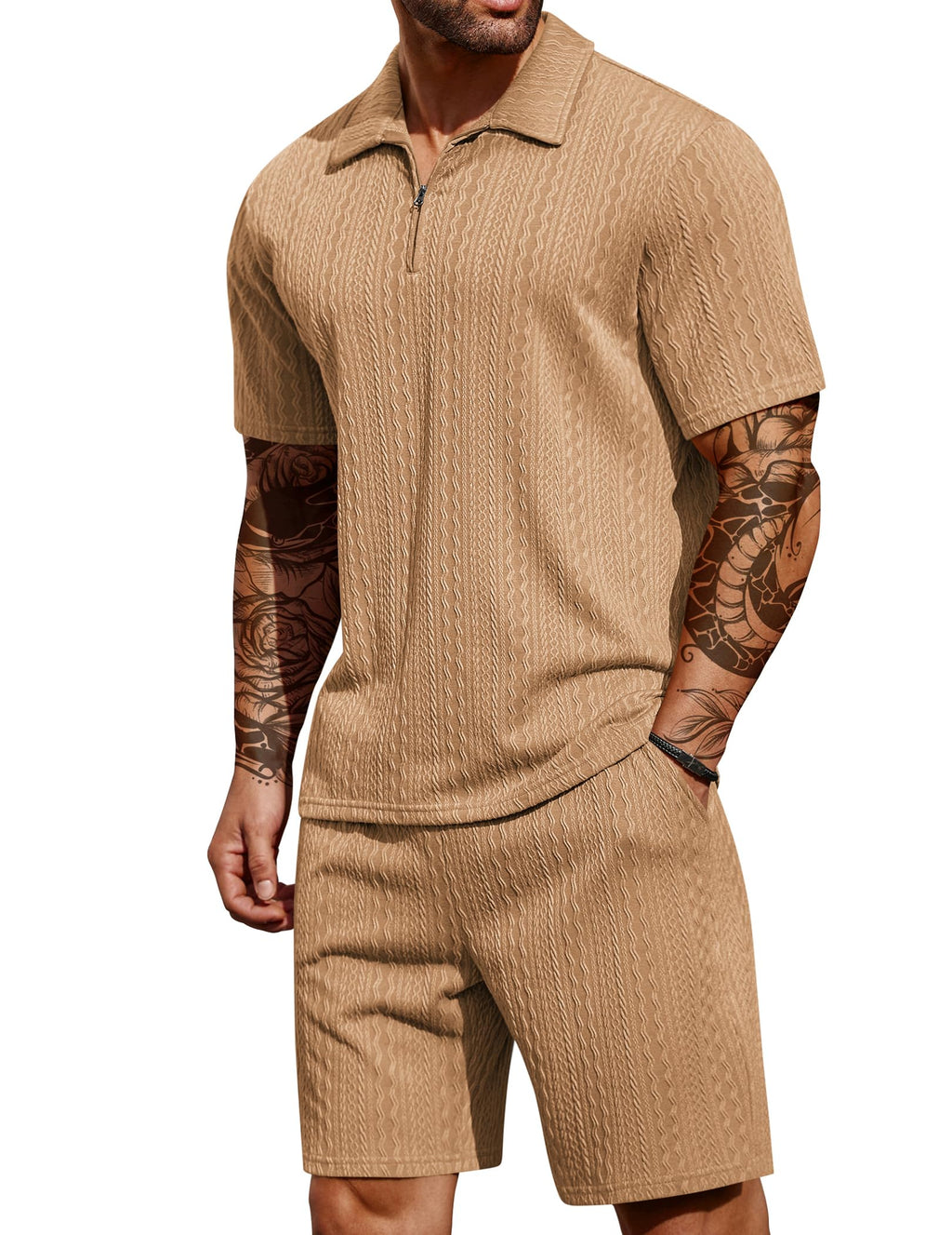 COOFANDY Men's 2 Pieces Outfits Casual Quarter Zip Polo Shirt and Shorts Set Athletic Jogging Summer Tracksuit