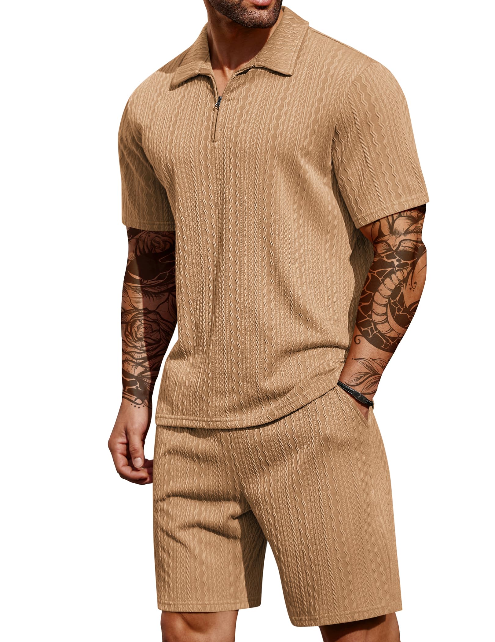 COOFANDY Men's 2 Pieces Outfits Casual Quarter Zip Polo Shirt and Shorts Set Athletic Jogging Summer Tracksuit