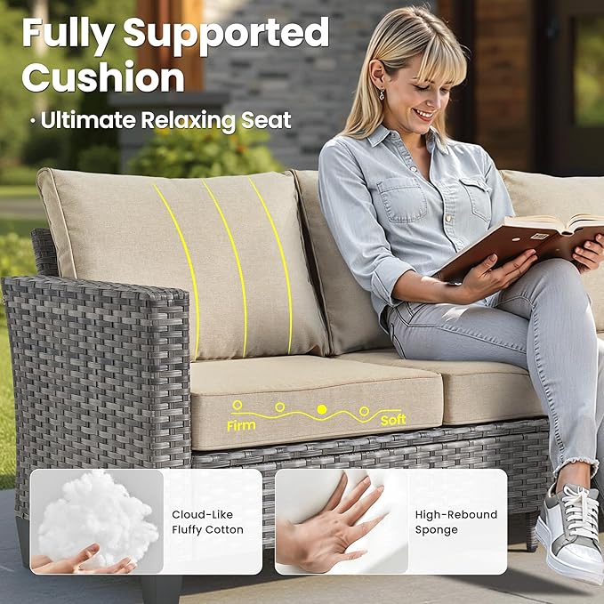ovios 7 Pieces Patio Furniture Set with 42" Fire Pit Table, Outdoor Wicker Sofa with Swivel Chairs, All Weather High Back Rattan Couch Conversation Set, Beige