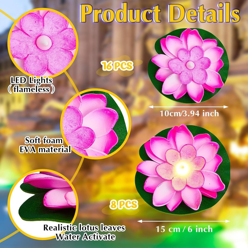 Liliful 24 Pcs Diwali Lotus Decoration Pool Floating Lights, Artificial Flowers Lotus with LED,Lily Pads Water Lantern for Indian Puja Home Decoration(3.94 Inch, 5.91 Inch,Pink)