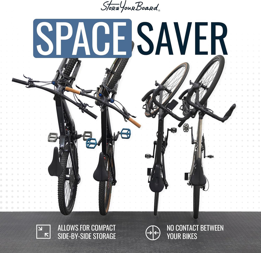 StoreYourBoard SwivelStow Bike Storage Rack 4 Pack, 2 MTB & 2 Road & Gravel Bike Wall Mounts, Heavy Duty Bike Hanger, No-Lift Bike Wall Mount for Garage Bike Storage, Holds 70 lbs, Patent-Pending