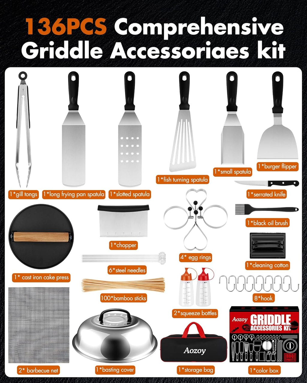Griddle Accessories Kit - 136PCS Flat Top Grill Accessories for Blackstone and Camp Chef Metal Spatula Tools Set with Burger Press Scraper Tongs Carry Bag for Outdoor Grilling BBQ Cooking