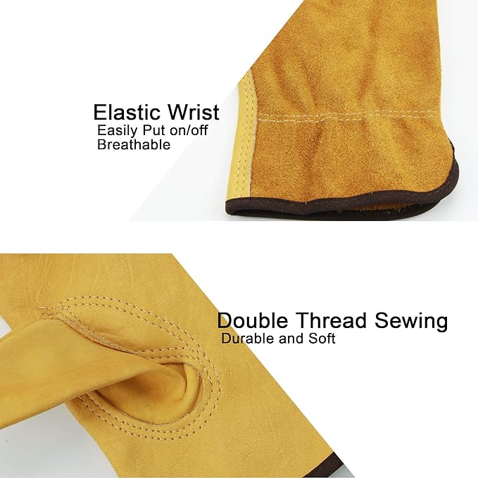 OZERO 5 Pairs Leather Work Gloves Flex Grip Tough Cowhide Gardening Glove for Wood Cutting/Construction/Truck Driving/Garden/Yard Working for Men and Women (Gold,Medium)