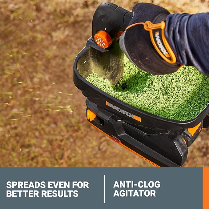 WORX 20V Cordless Seed Spreader 6-Speeds 5-Ft. Max Distance, Fertilizer Spreaders 8 Flow-Rate Settings, Broadcast Spreader Easier Than Hand Spreaders for Lawns WG869.9 – Tool Only