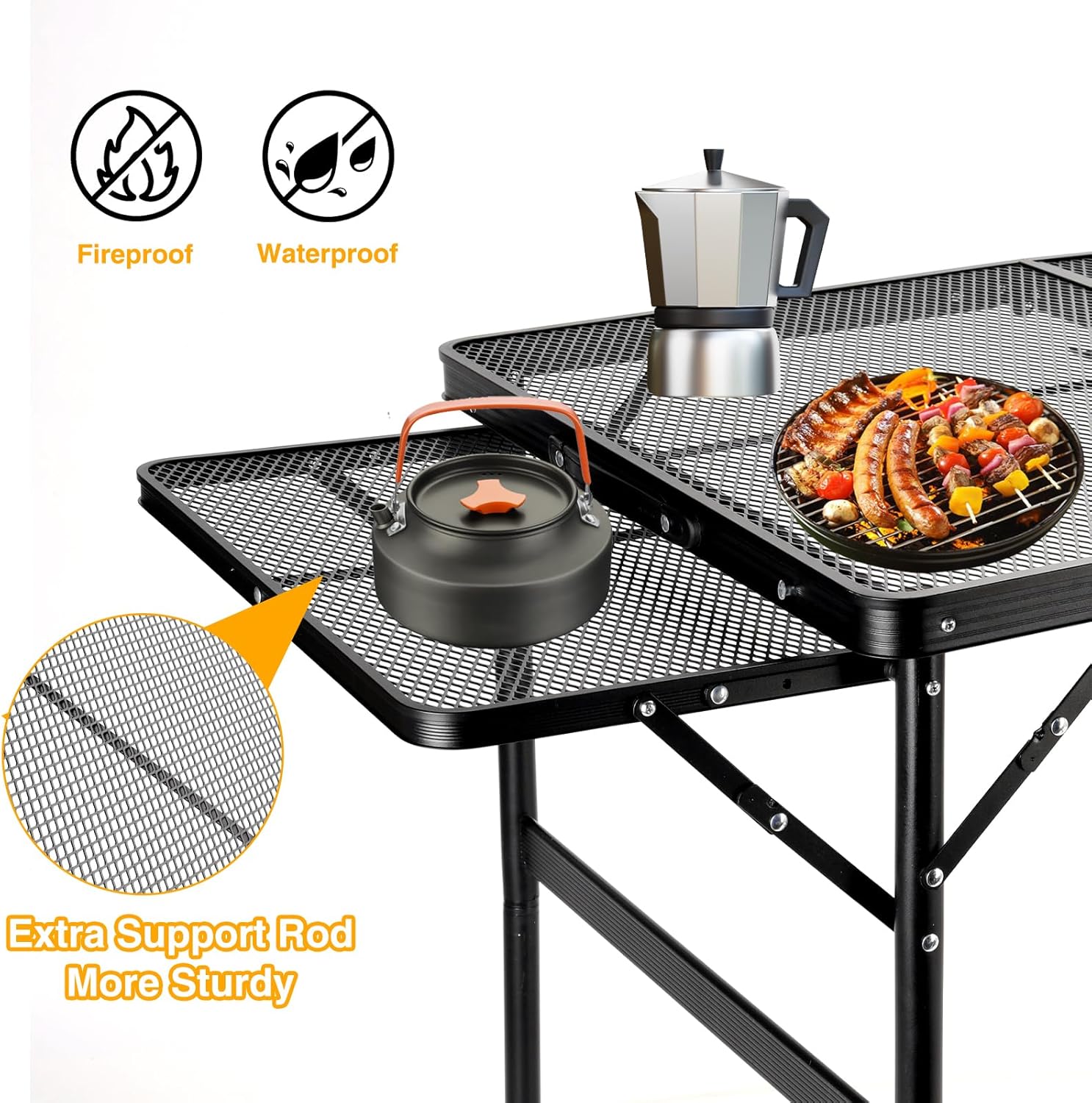 Grill Table Folding Table with 2 Wing Panels 3FT+1.4 FT with Mesh Desktop 2 Height Adjustable Portable Grill for Outdoor Indoor Beach BBQ Picnic Travel RV Black