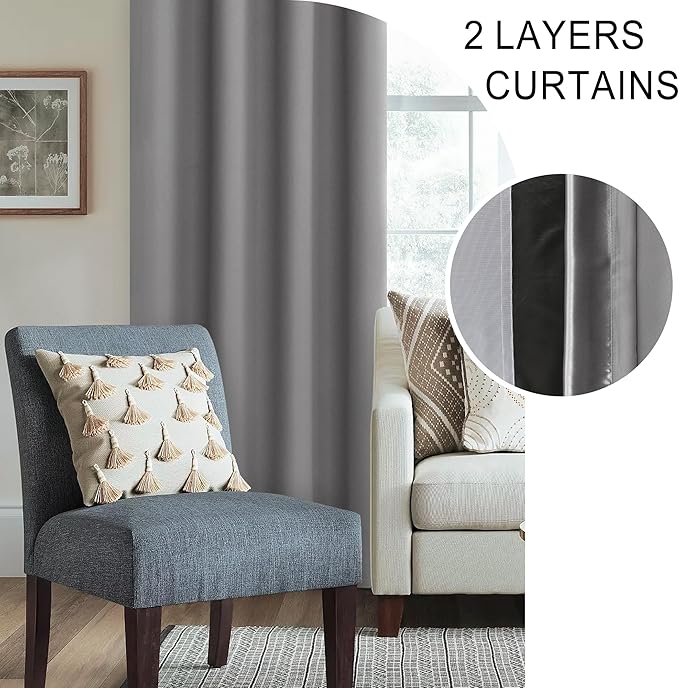 XWZO Blackout Curtains 84 Inches Long with Tiebacks- Rod Pocket Full Light Blocking & Energy Efficiency Extra Wide Window Draperies with Black Liner for Bedroom, Grey, W60 x L84, Set of 2