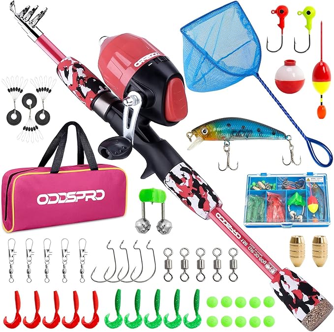 ODDSPRO Kids Fishing Pole Pink, Portable Telescopic Fishing Rod and Reel Combo Kit - with Spincast Fishing Reel Tackle Box for Girls, Youth