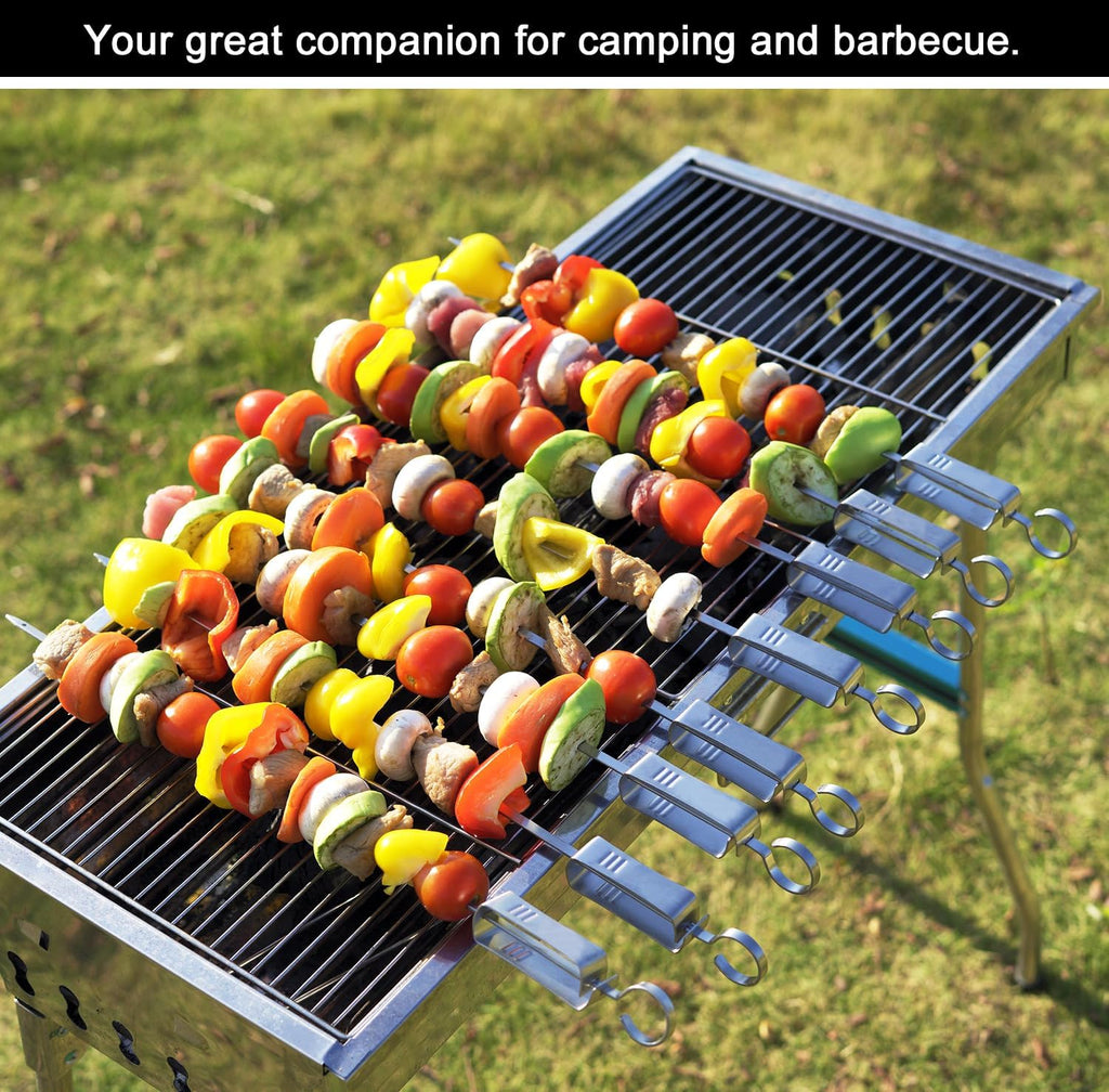 ESOW Metal BBQ Skewers for Grilling-16.83" Long Flat Kebab Sticks with Push Bar, Stainless Steel 304 Shish Kabob Skewers for Camping, Set of 8 with Bag