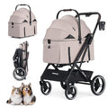 BEBEROAD X3 2 in 1 Pet Stroller for Medium or Two Small Dogs & Cats 4 Wheels Lightweight Foldable Carrier Dog Stroller with Waterproof Weather Cover Cup Holder,Storage Basket(Camel)