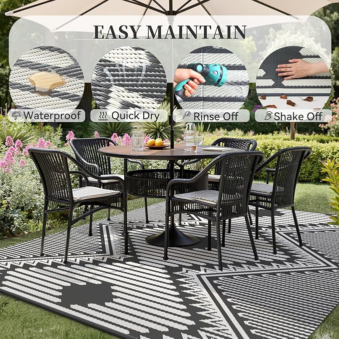 MontVoo Outdoor Rug 8x10 Waterproof Patio Rug-Outdoor Carpet Mat Reversible Plastic Straw Outside Outdoor Rug for RV Camping Picnic Beach Balcony Backyard Pool Deck Porch Modern Boho Grey